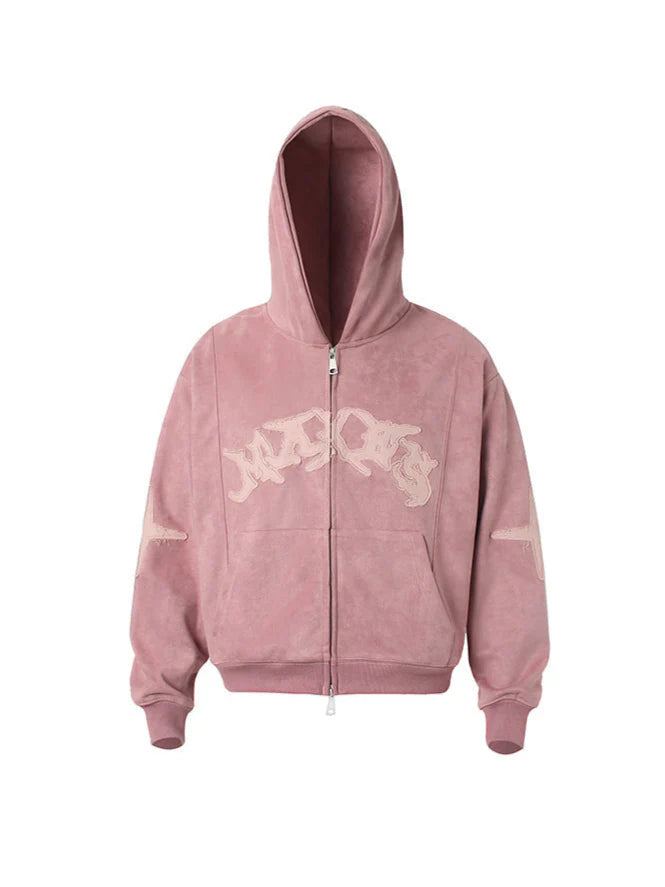 EMBROIDERED SUEDE ZIPPED HOODIE