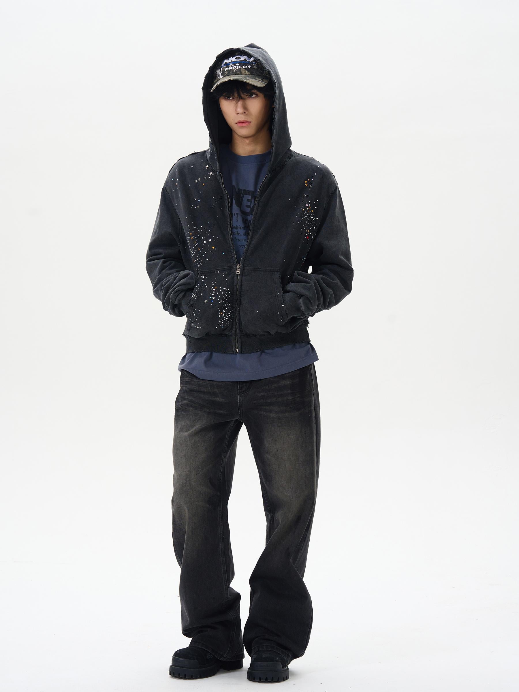 RHINESTONE DAMAGED ZIPPED HOODIE｜ラインストーンパーカー 黒 メンズ