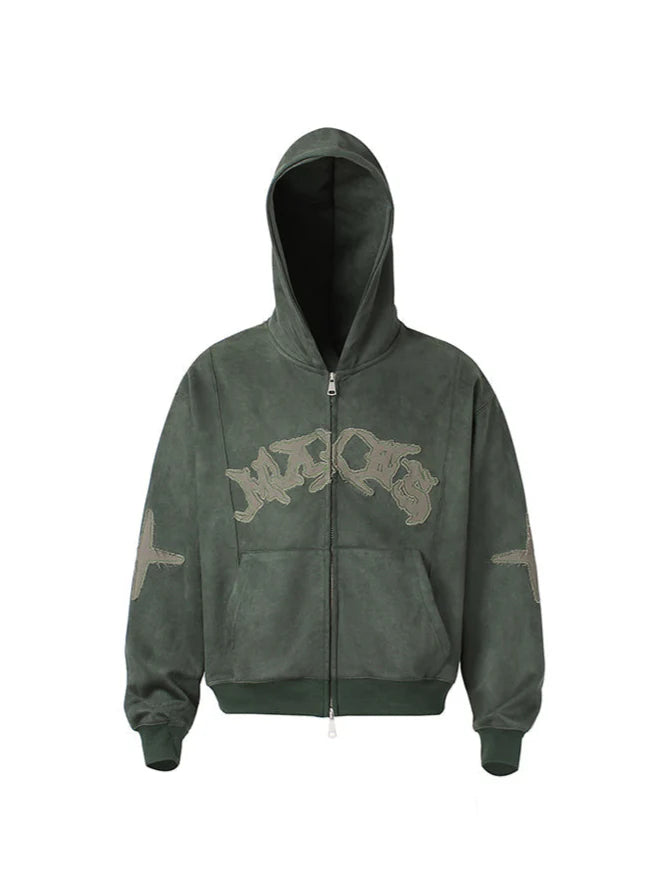 EMBROIDERED SUEDE ZIPPED HOODIE