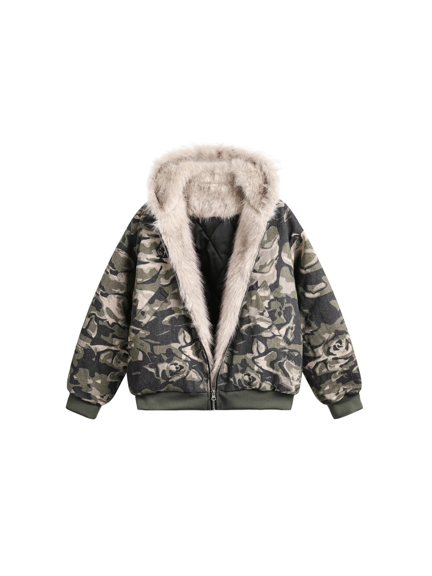 CAMO HOOD FUR JACKET