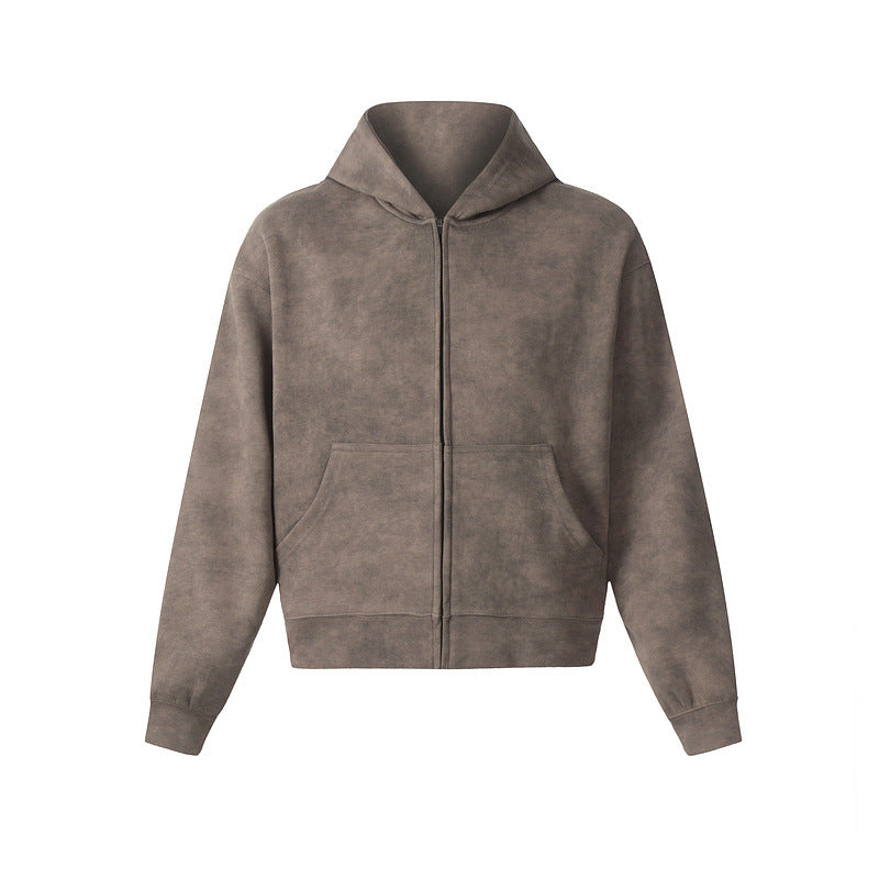 DISTRESSED WASHED ZIP UP HOODIE