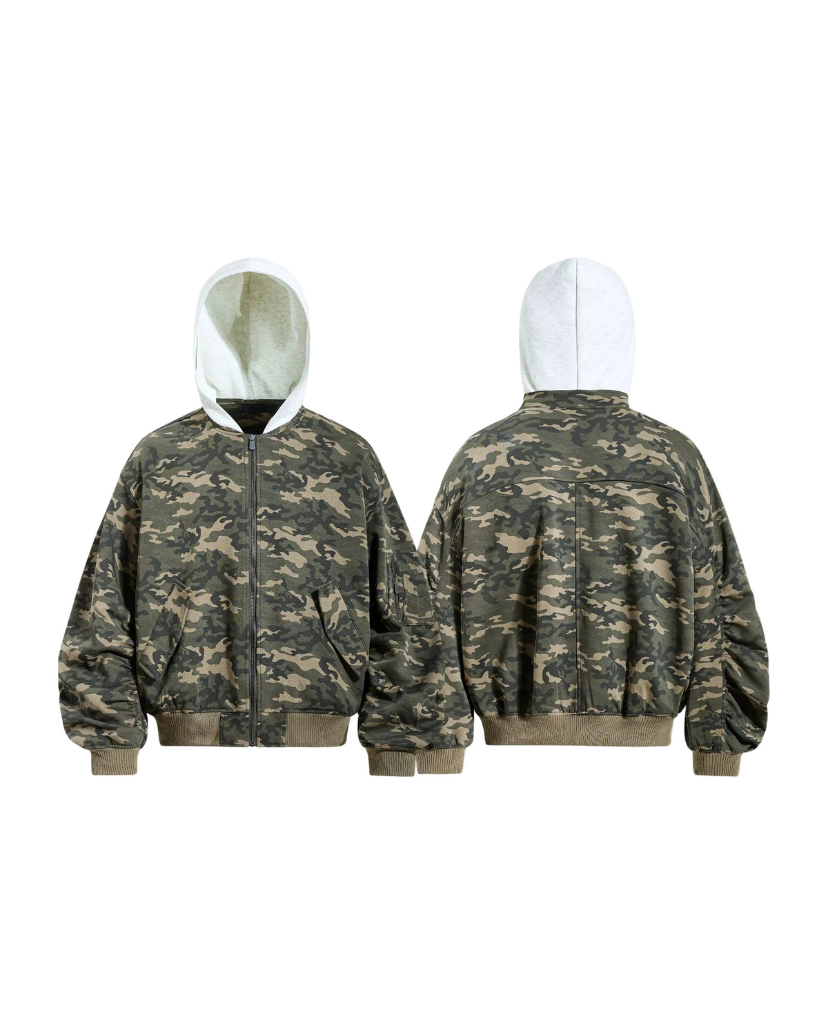 CAMO HOODED ZIP BOMBER JACKET