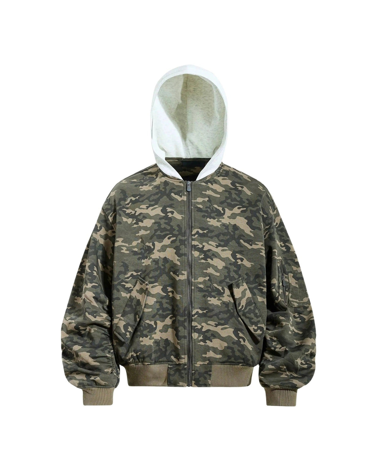 CAMO HOODED ZIP BOMBER JACKET