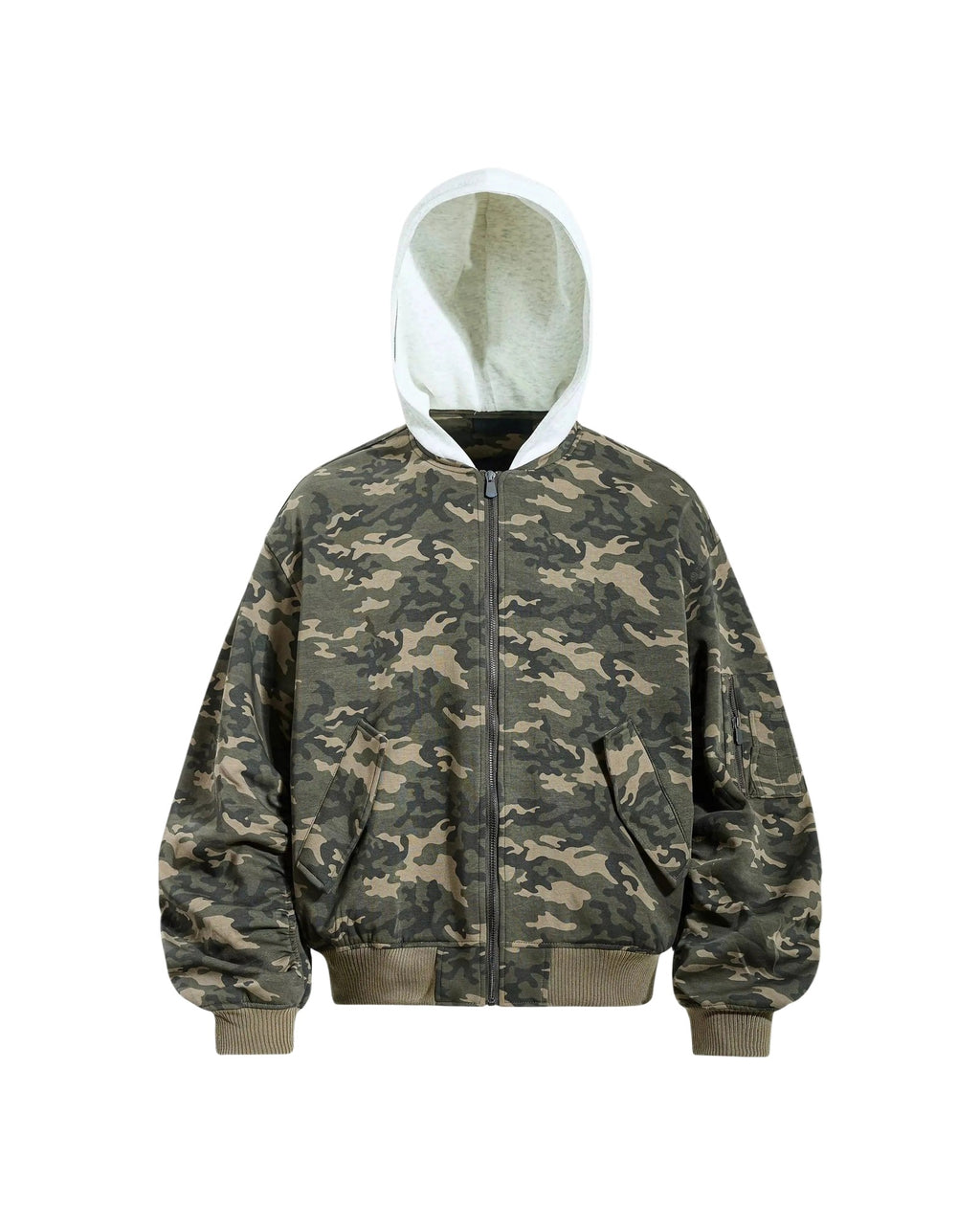 CAMO HOODED ZIP BOMBER JACKET