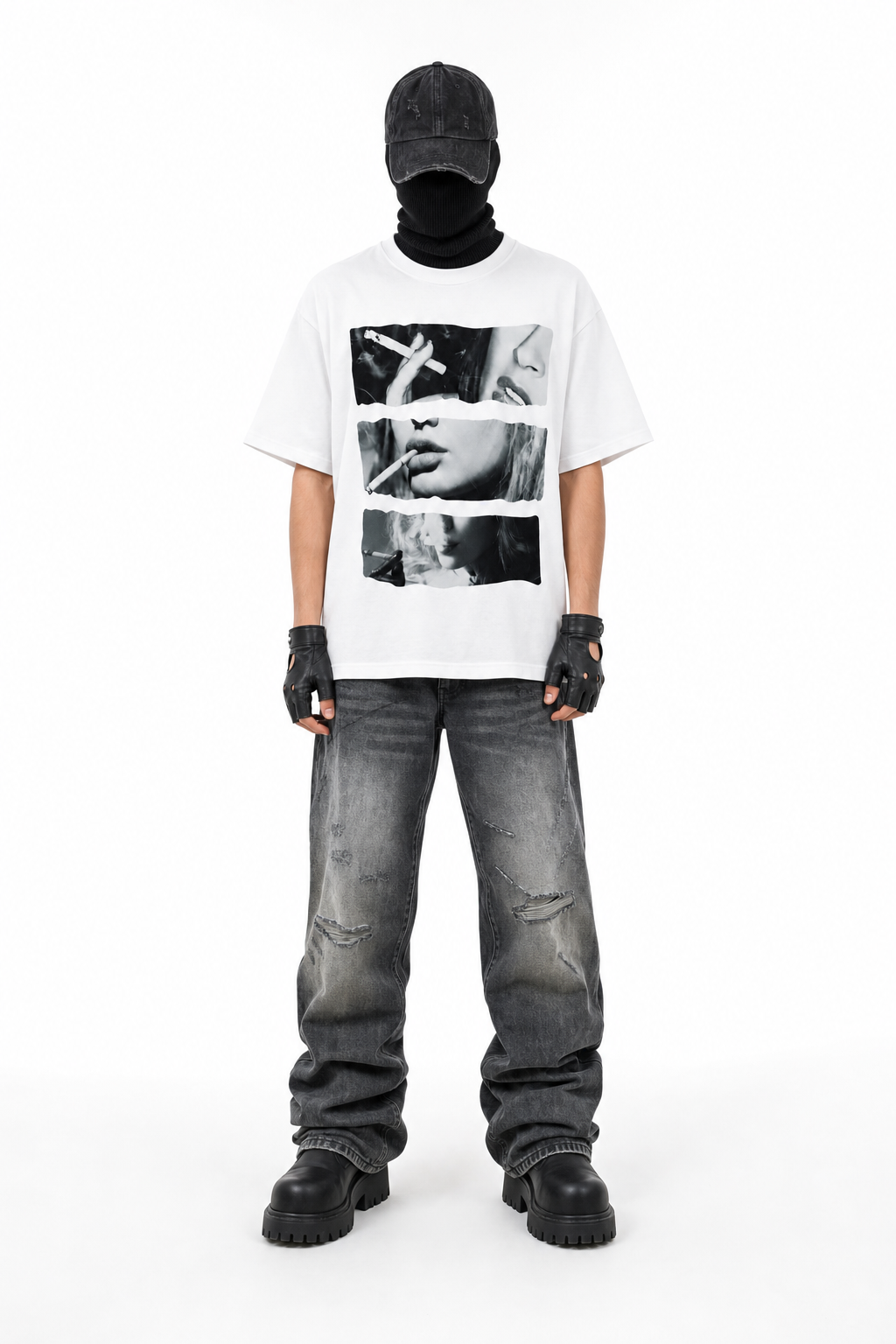 MYRDANE TEE × RUGGED DAMAGE DENIM PANTS コーディネート