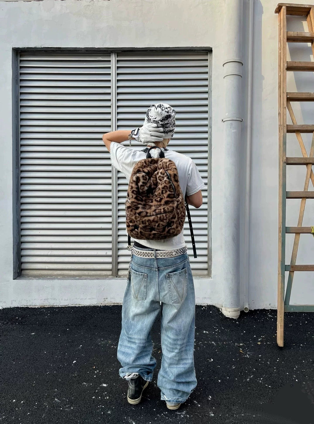 LEOPARD FUR STAR STUD BACKPACK