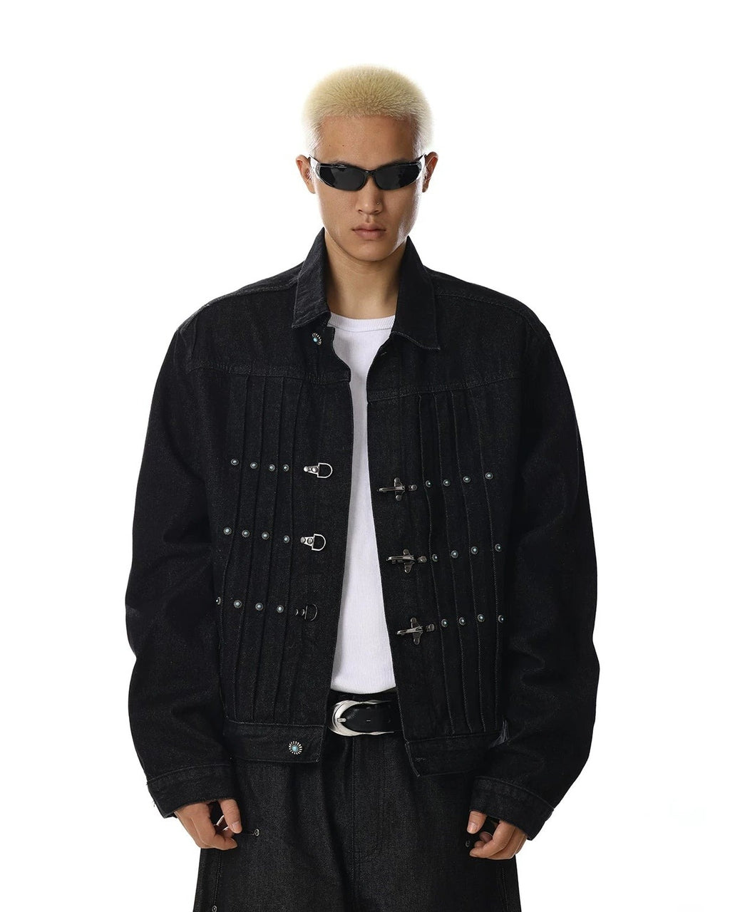 PIN PLEATED DARK DENIM JACKET