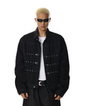 PIN PLEATED DARK DENIM JACKET