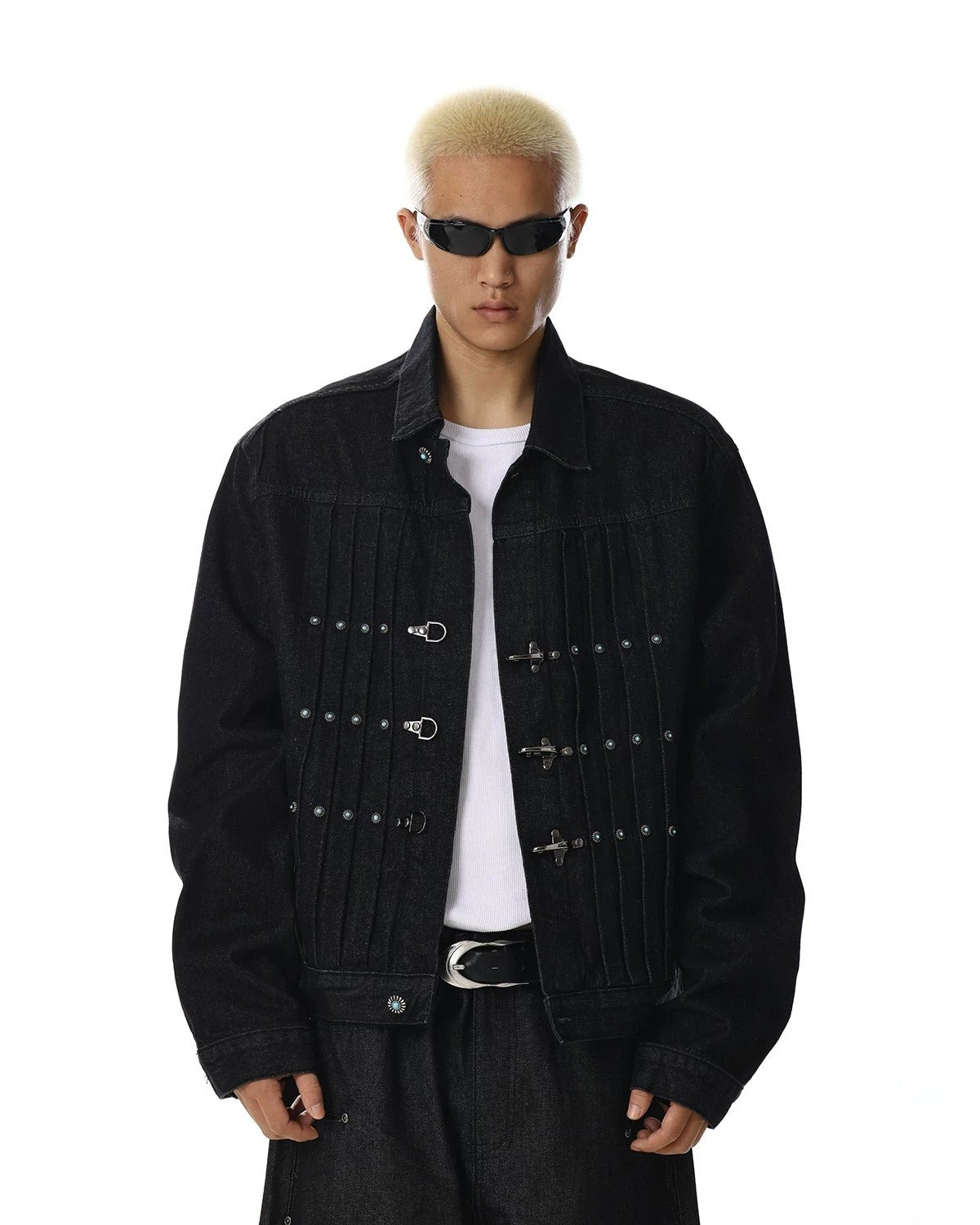 PIN PLEATED DARK DENIM JACKET