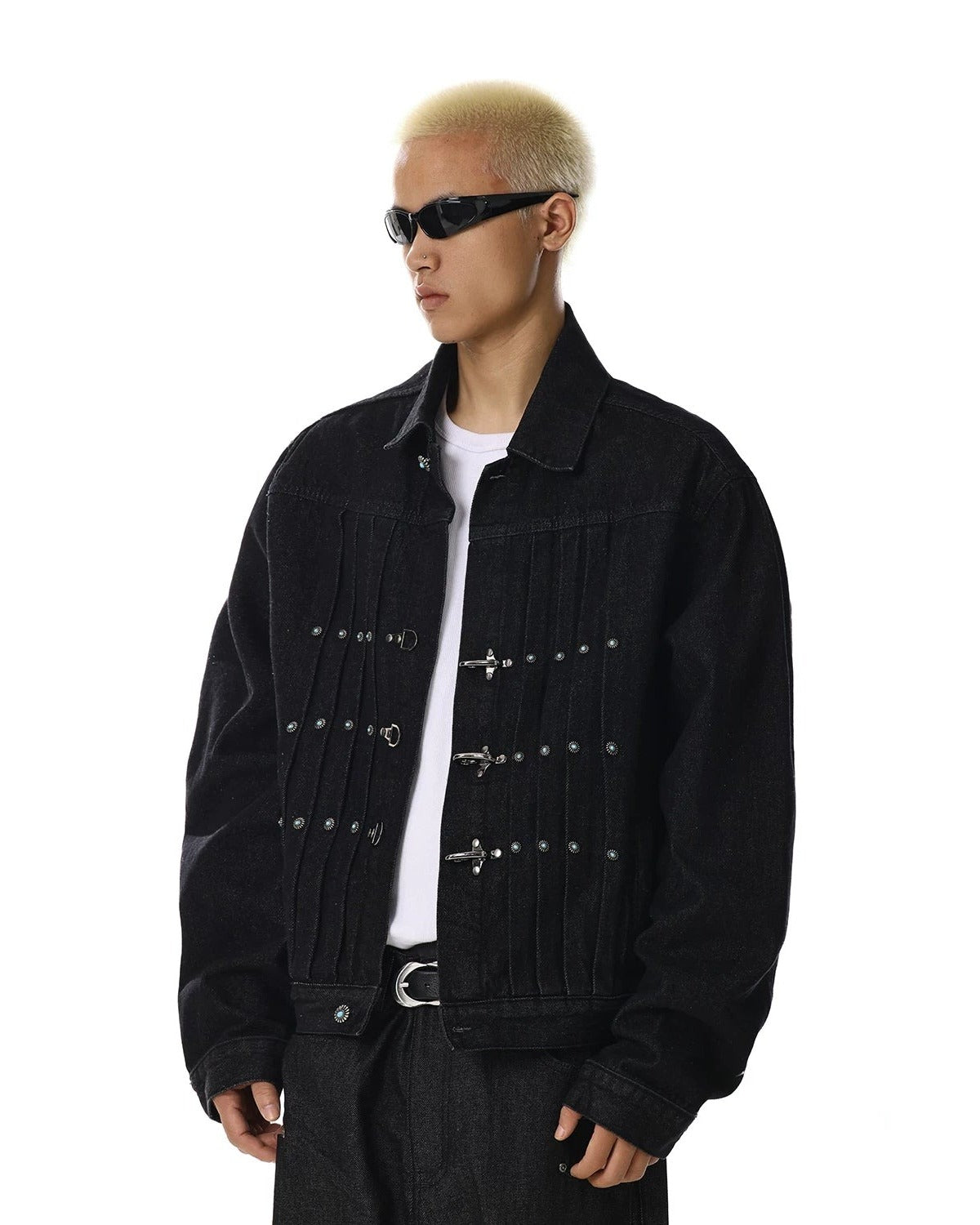 PIN PLEATED DARK DENIM JACKET