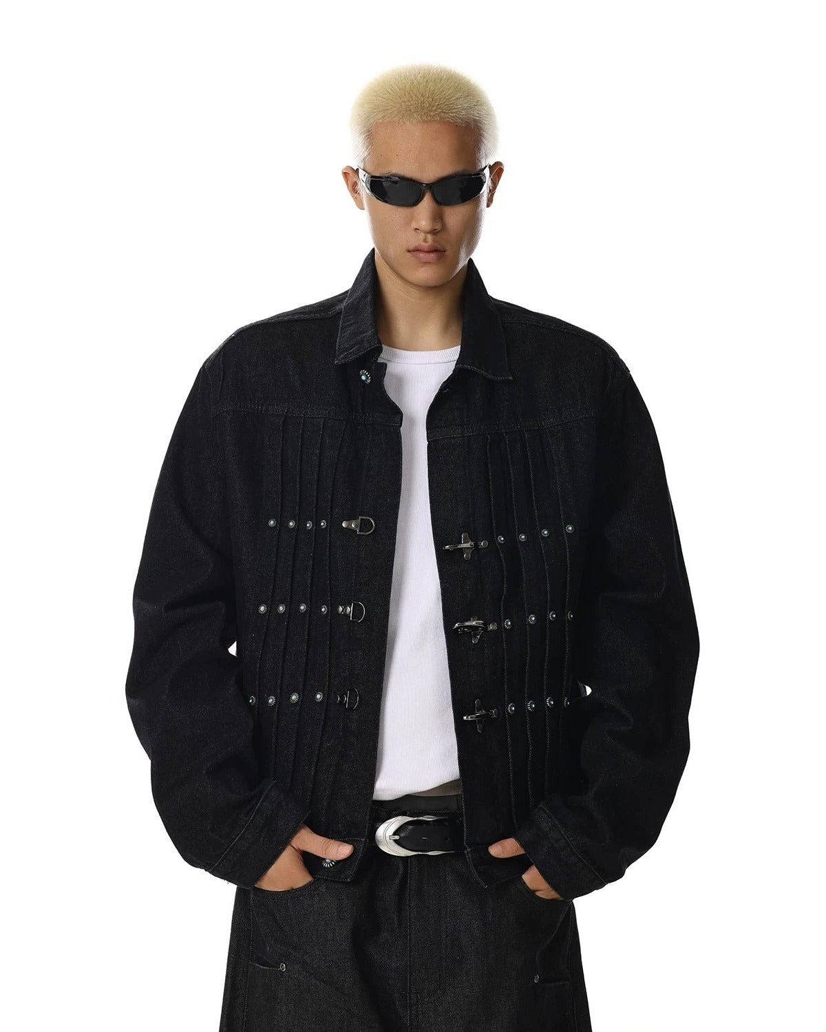 PIN PLEATED DARK DENIM JACKET