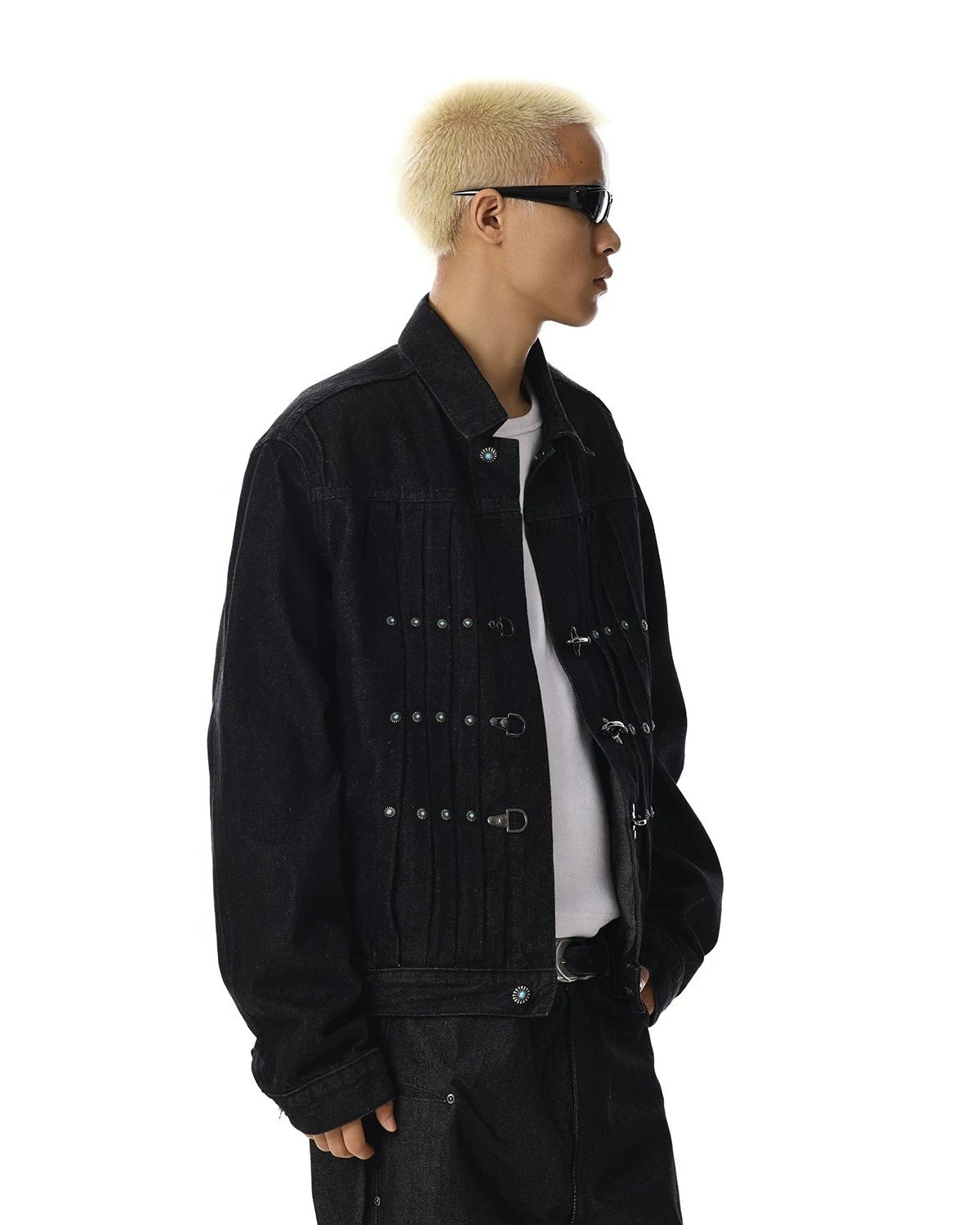 PIN PLEATED DARK DENIM JACKET