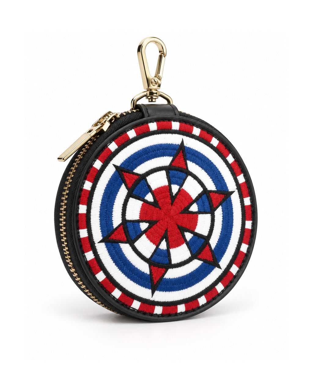 ROUND EMBROIDERY COIN CASE Blue 斜め・厚み