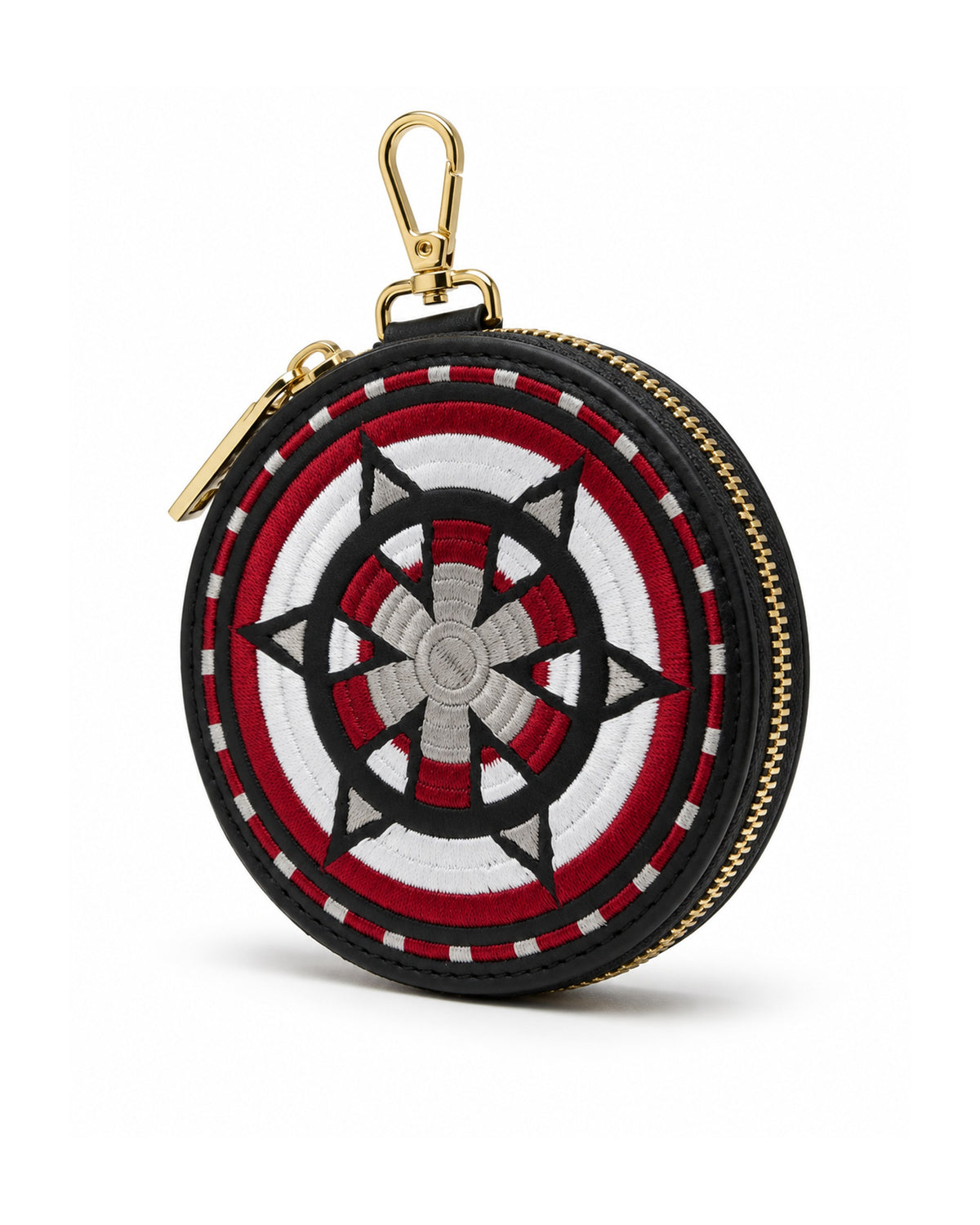 ROUND EMBROIDERY COIN CASE Black 斜め・厚み